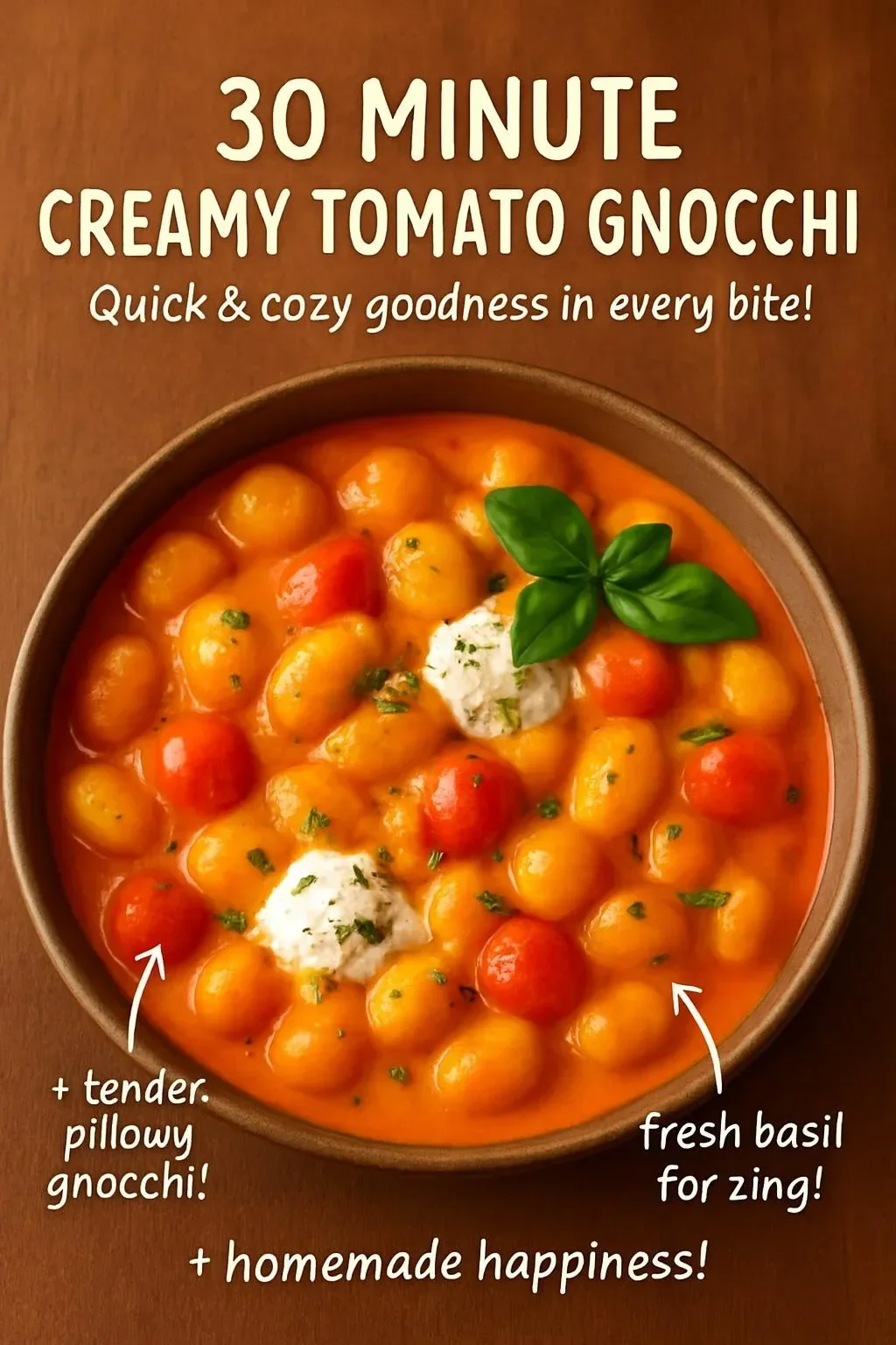 Bowl of creamy tomato gnocchi with basil and cheese on a wooden table