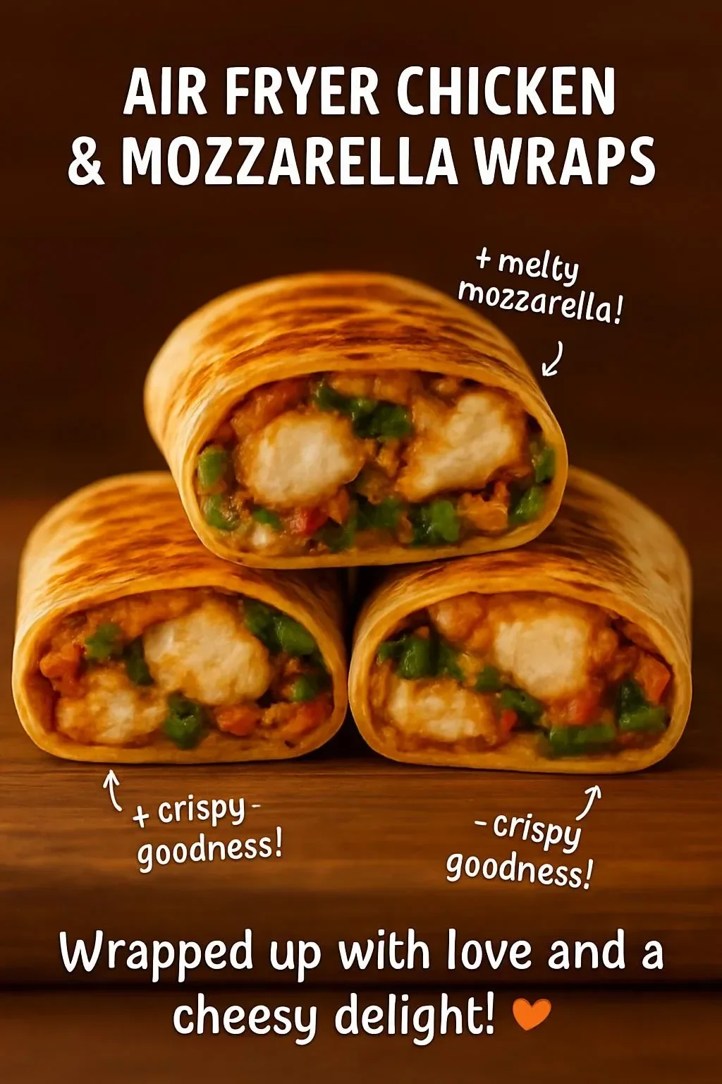 Air fryer chicken and mozzarella wraps ready to serve on a plate