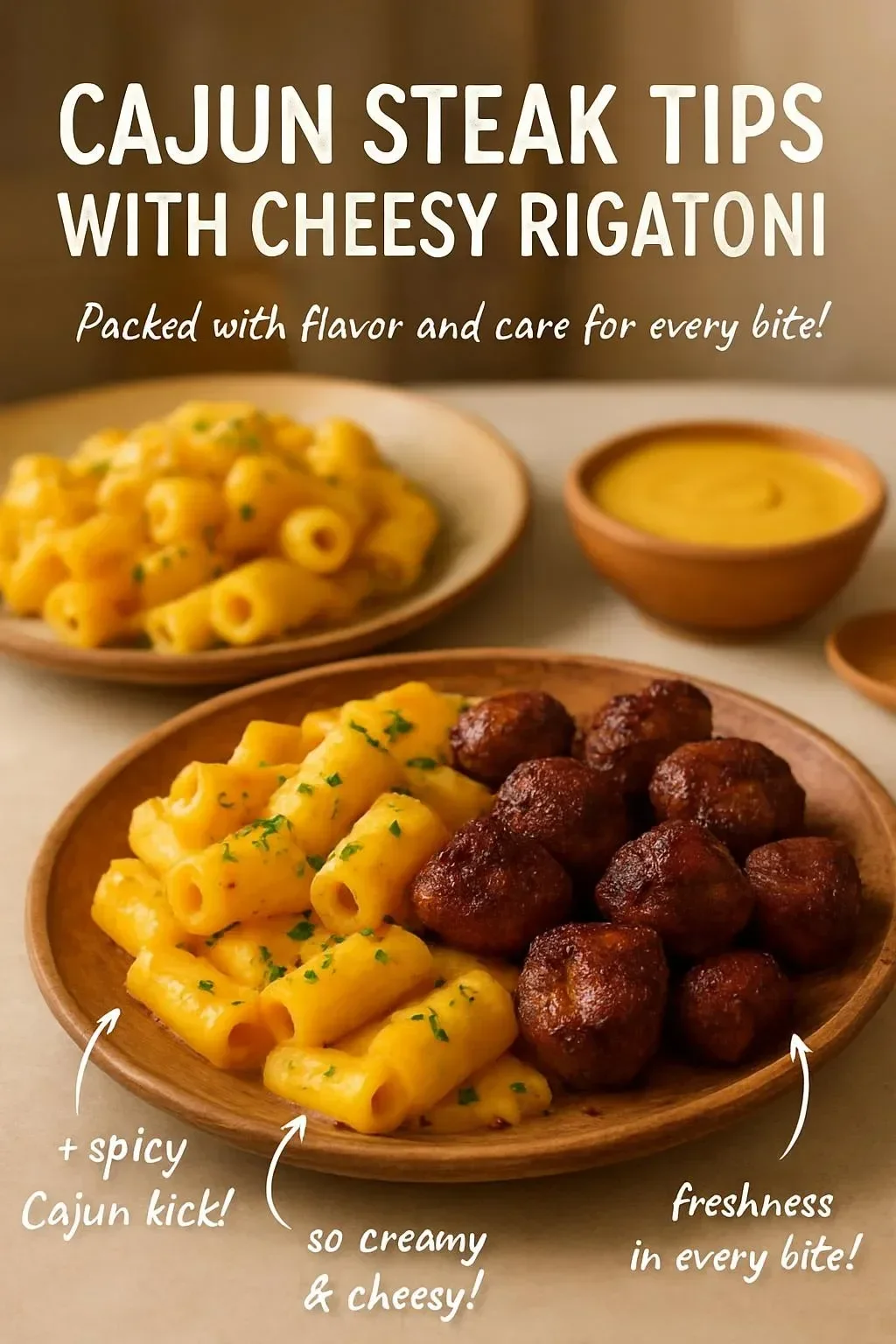 Cajun Steak Tips with Cheesy Rigatoni