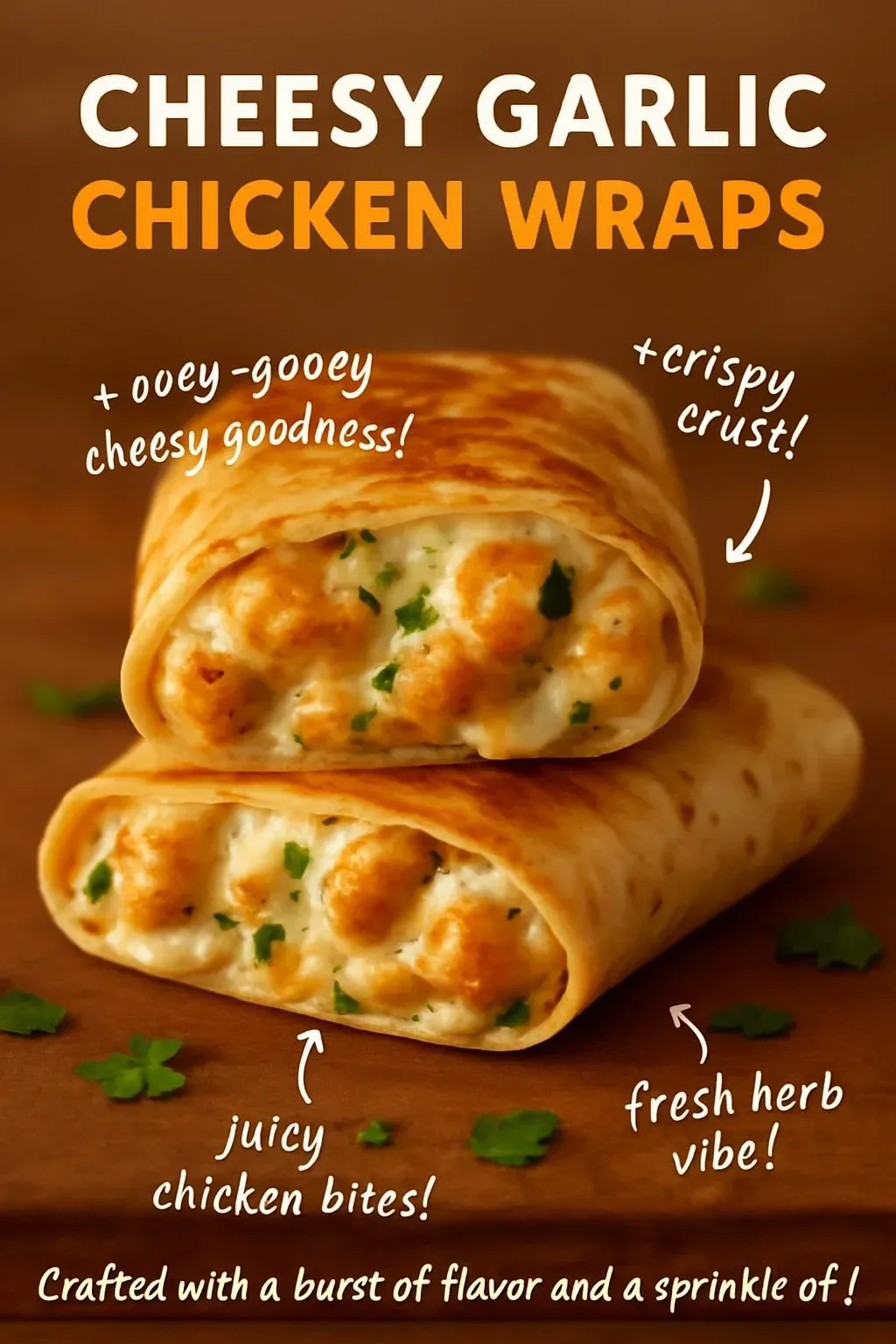 Delicious cheesy garlic chicken wraps served on a plate with fresh ingredients