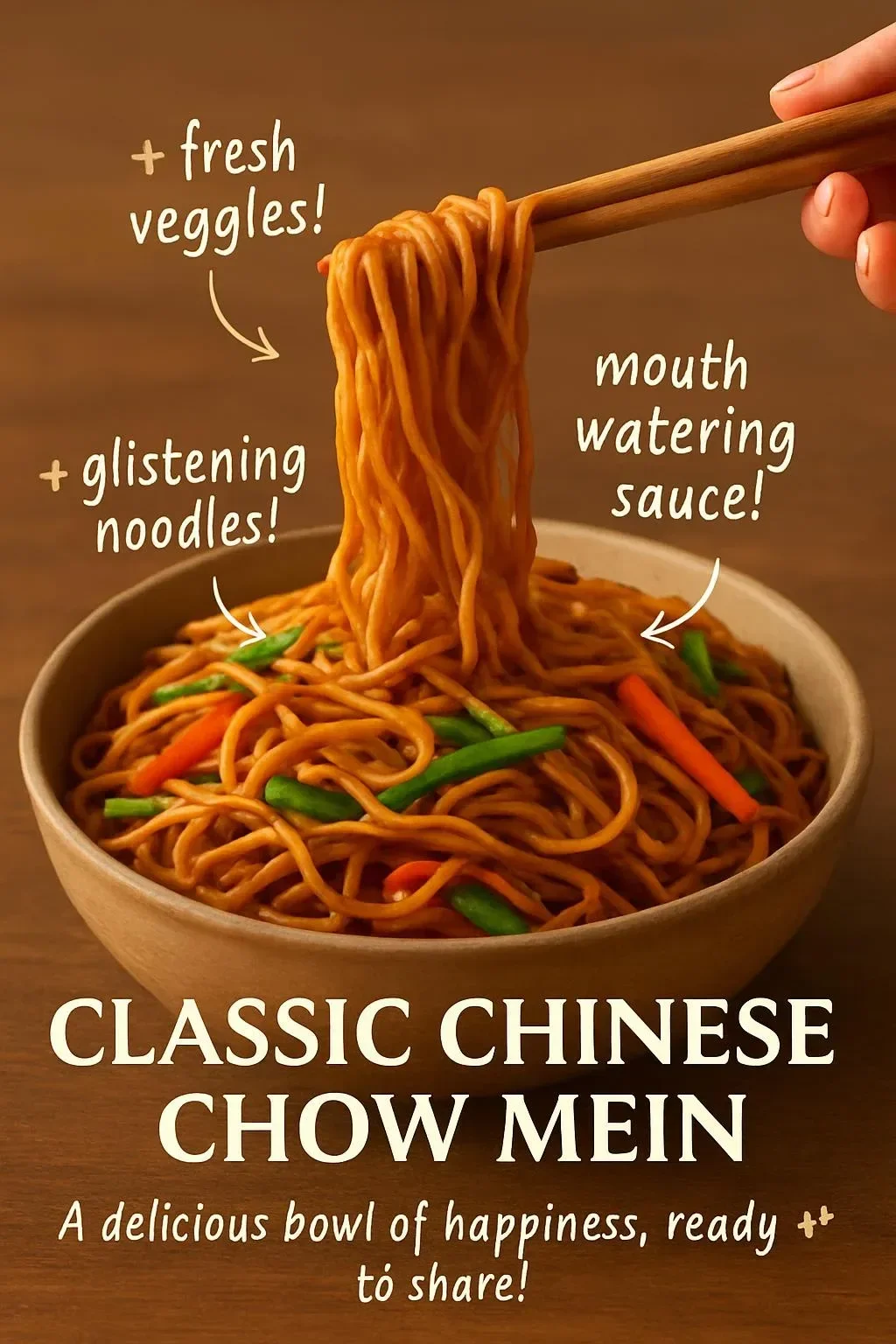 Plate of classic Chinese stir-fried noodles with vegetables and soy sauce