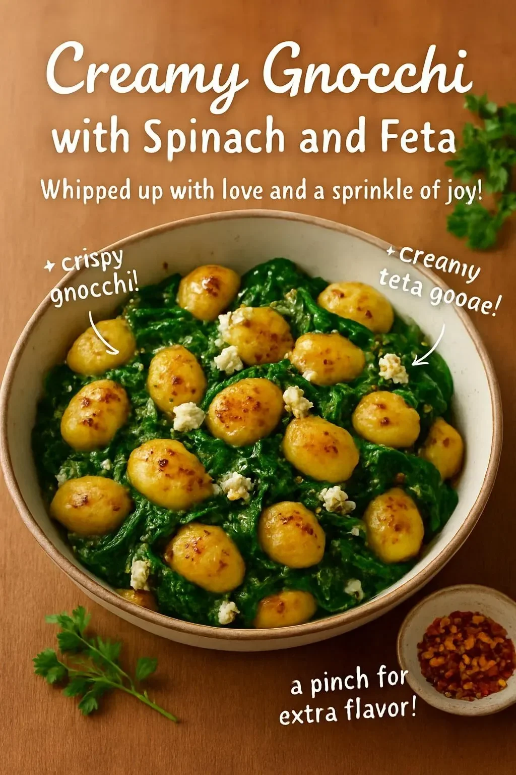 Creamy gnocchi with spinach and feta topped with herbs in a white dish