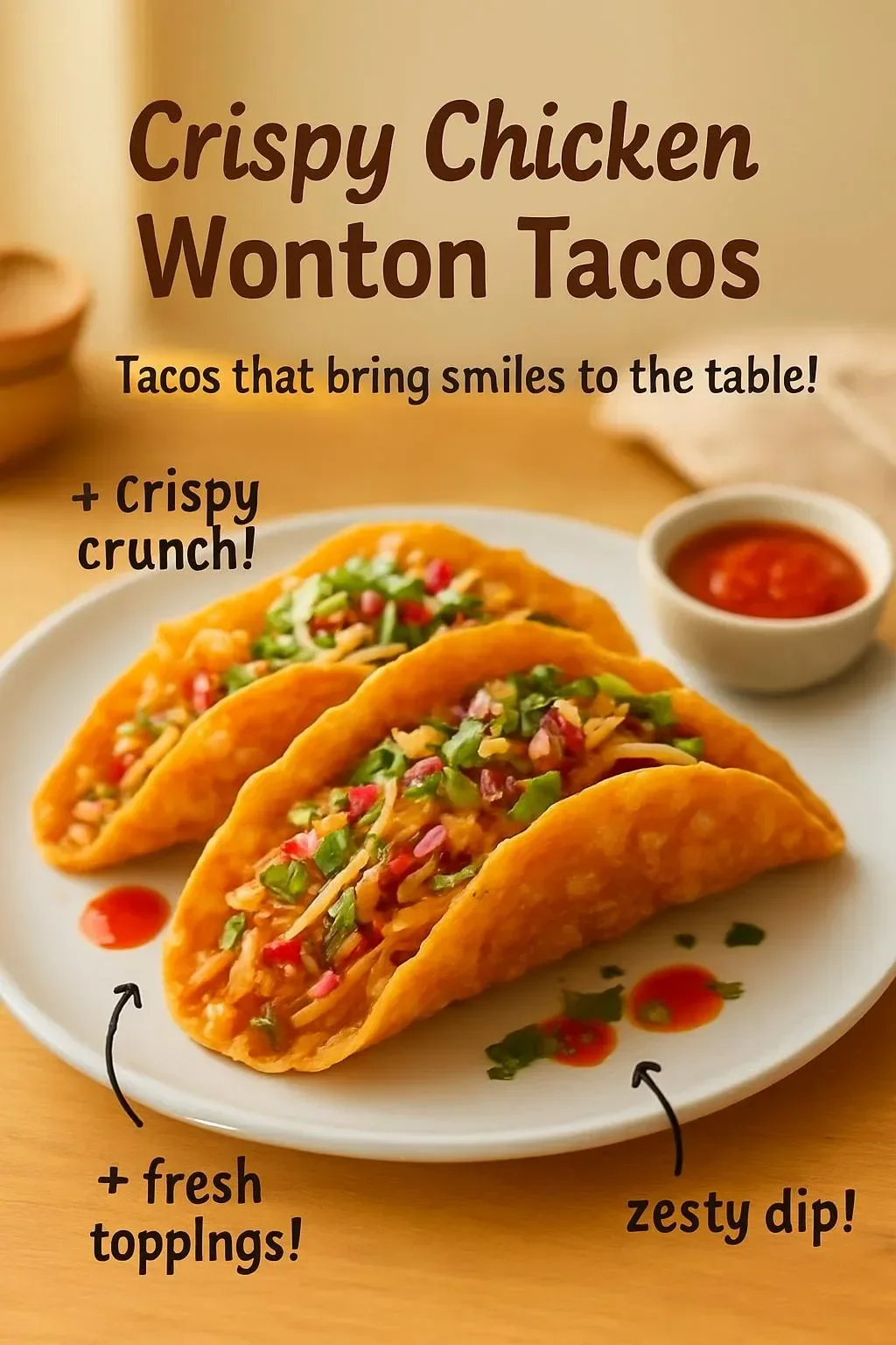 Crispy chicken wonton tacos served on a plate with fresh toppings