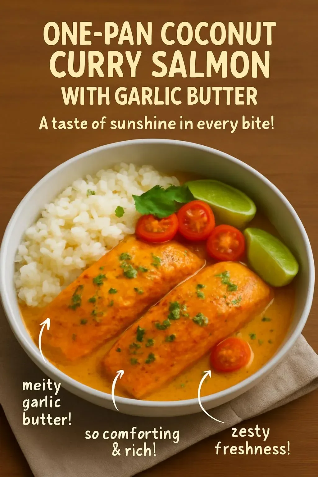 One-Pan Coconut Curry Salmon dish topped with garlic butter sauce.