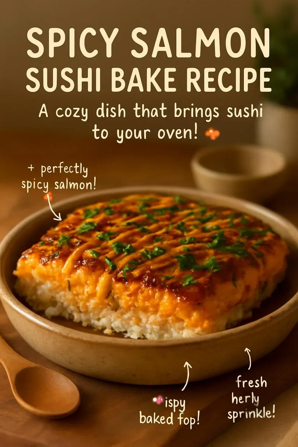 Spicy Salmon Sushi Bake ready to serve with garnishes and sauces